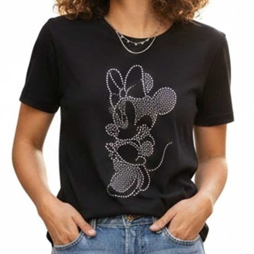 Disney Black Studded Minnie Mouse Short Sleeve Cotton Crew Neck Tee T-Shirt sz M
